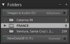 Screen shot of folders that have been added to Adobe Photoshop Lightroom